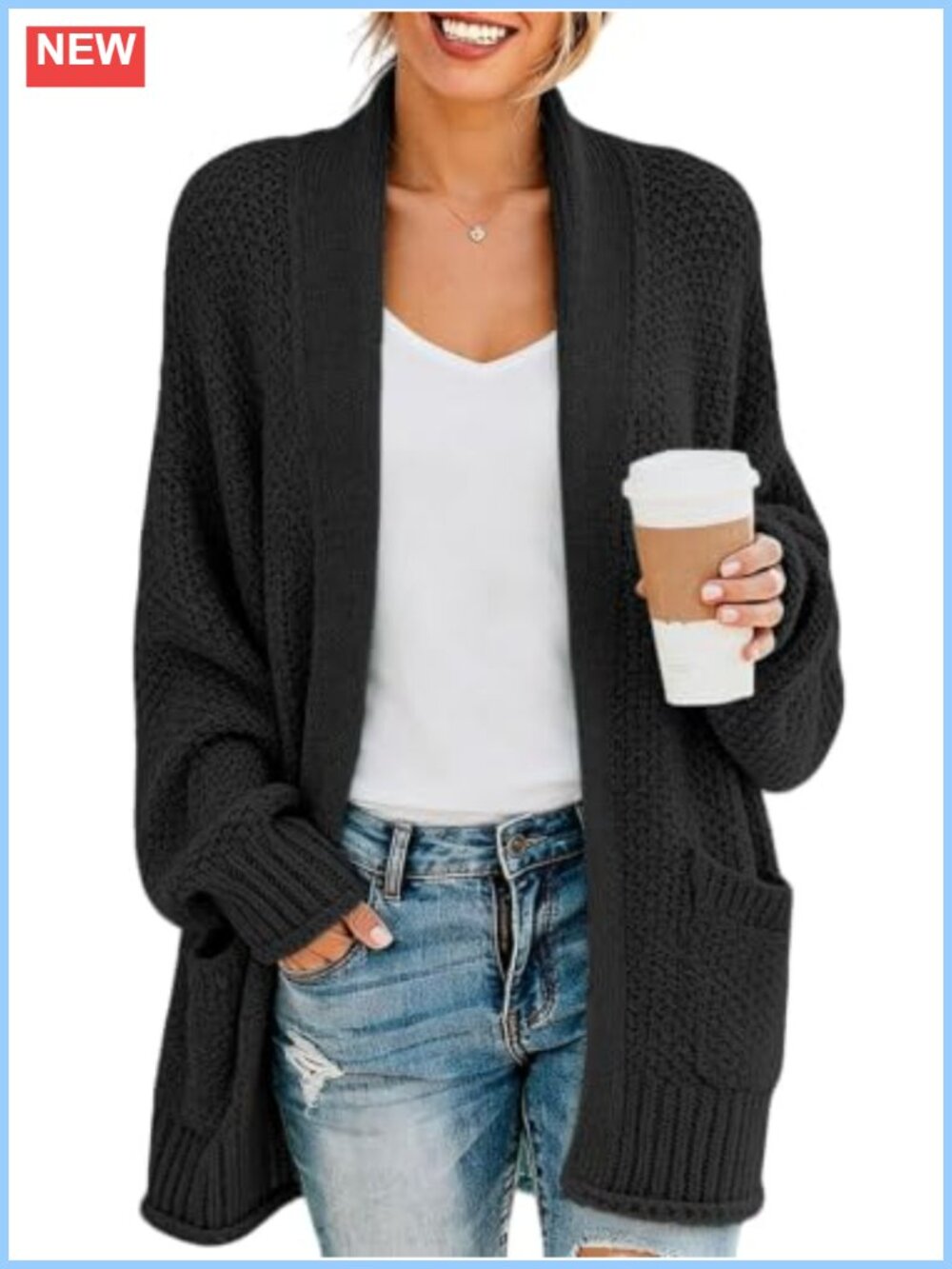 100% Acrylic Open Front Cardigan Loose Fit Long Sleeve Sweater Coat with Pockets